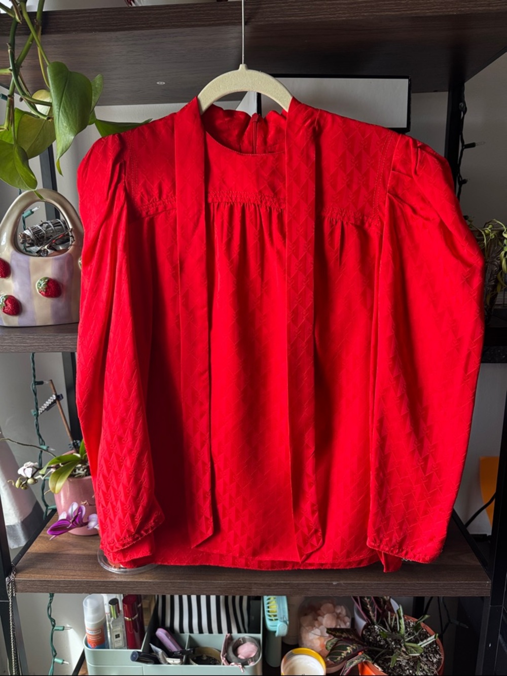 Sandro Red Long-Sleeve Tie-Neck Blouse